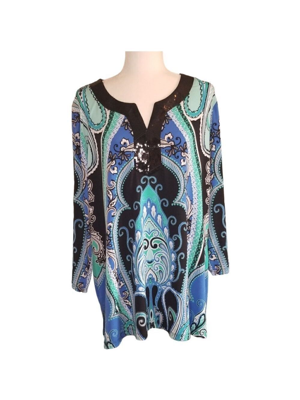 JM Collection Tunic Black Embellished Neckline Blue Green White Paisley Size 2X